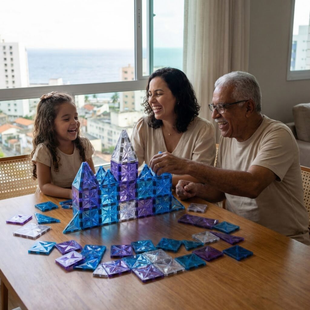 criança construindo castelo com blocos magnéticos acompanhada da mãe e avô